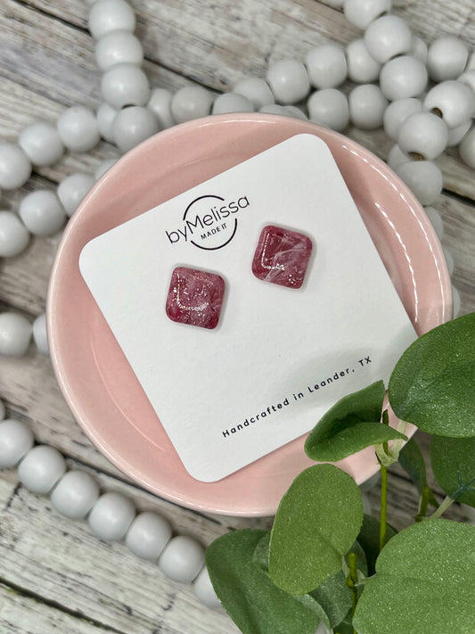 Maroon, Pink, and White Rounded Square Stud Earrings