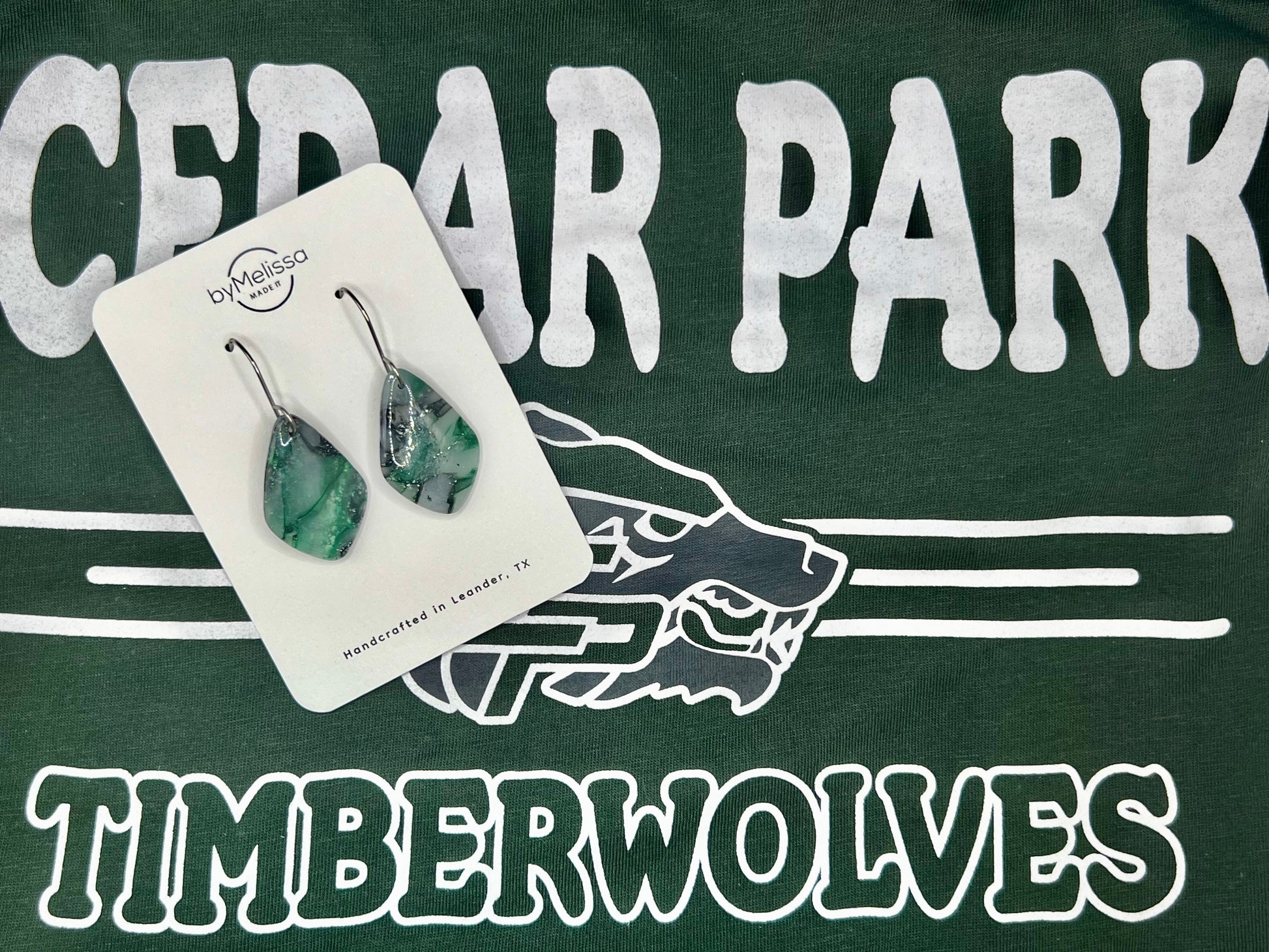 Cedar Park High School earrings, green and black CPHS spirit jewelry, Timberwolves game day accessory