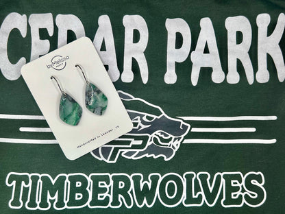 Cedar Park High School earrings, green and black CPHS spirit jewelry, Timberwolves game day accessory