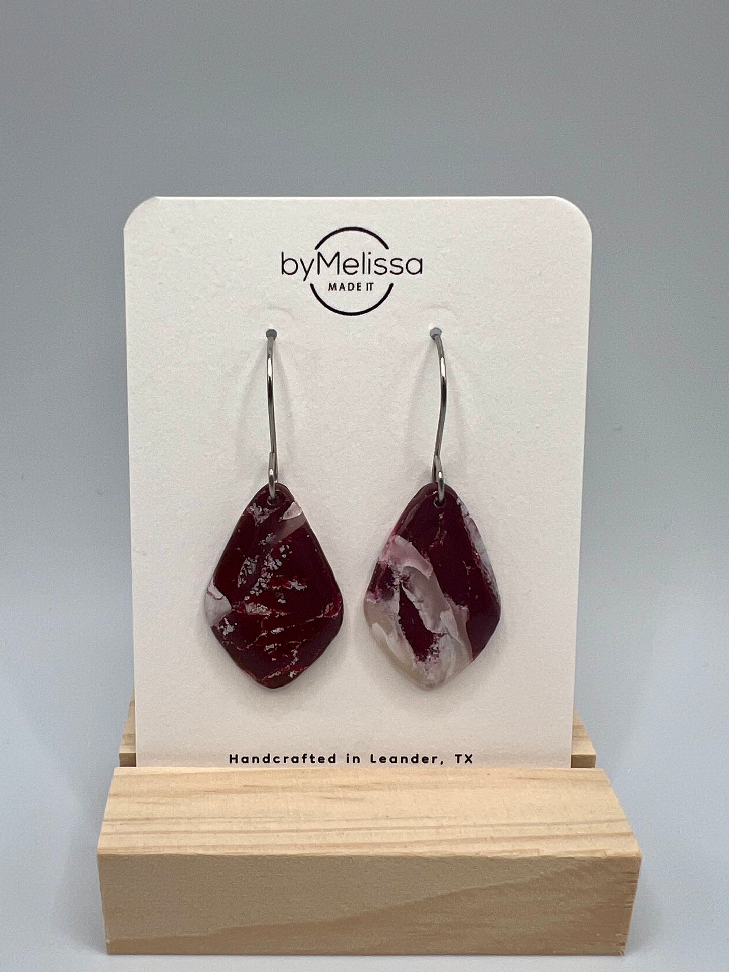 Maroon and White Small Kite Drop Earrings in Silver