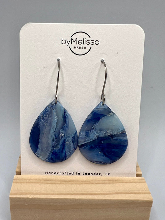 Navy and Columbia Blue Small Wide Teardrop Drop Earrings in Silver