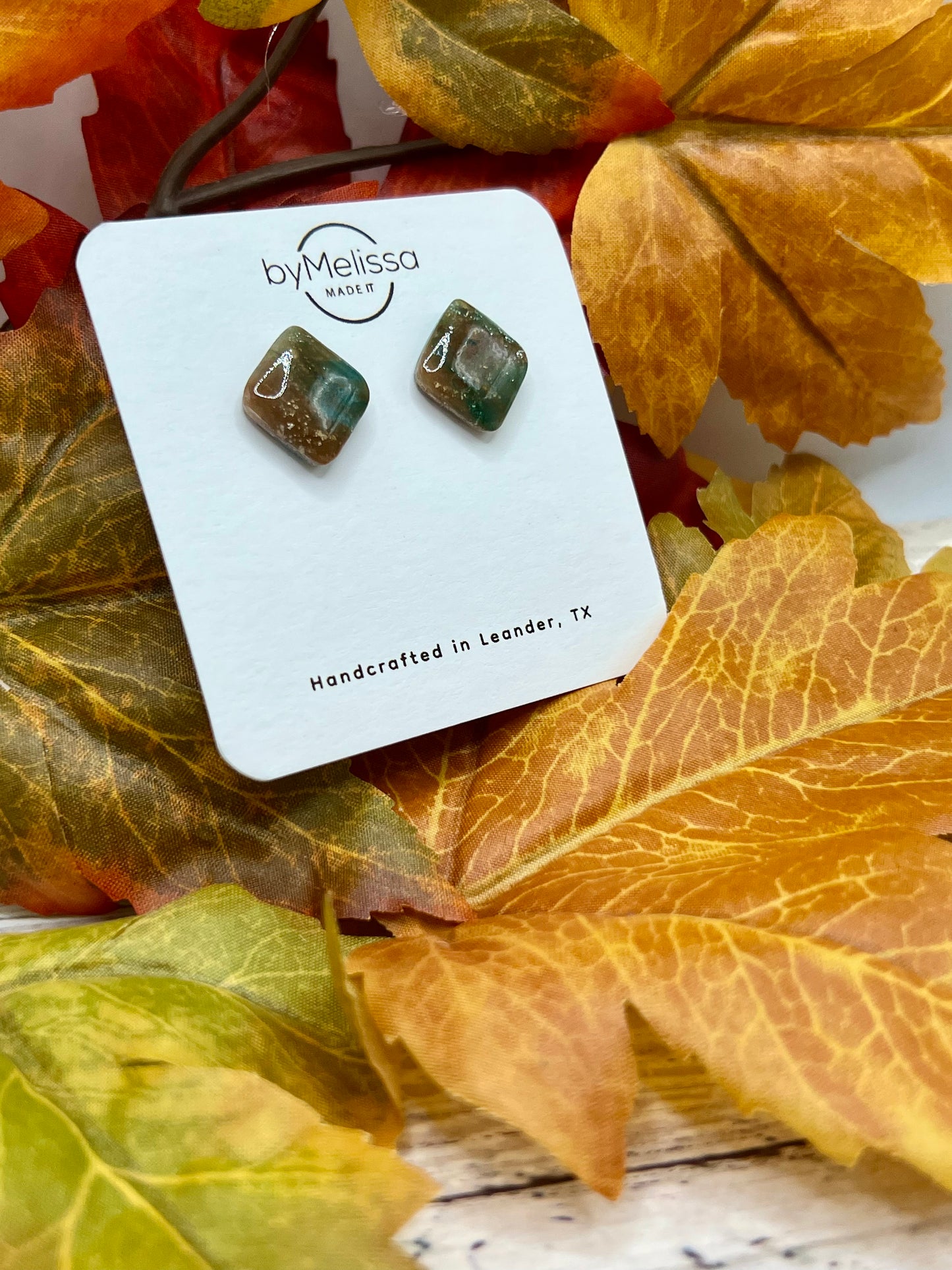 Mocha and Teal Rounded Square Stud Earrings