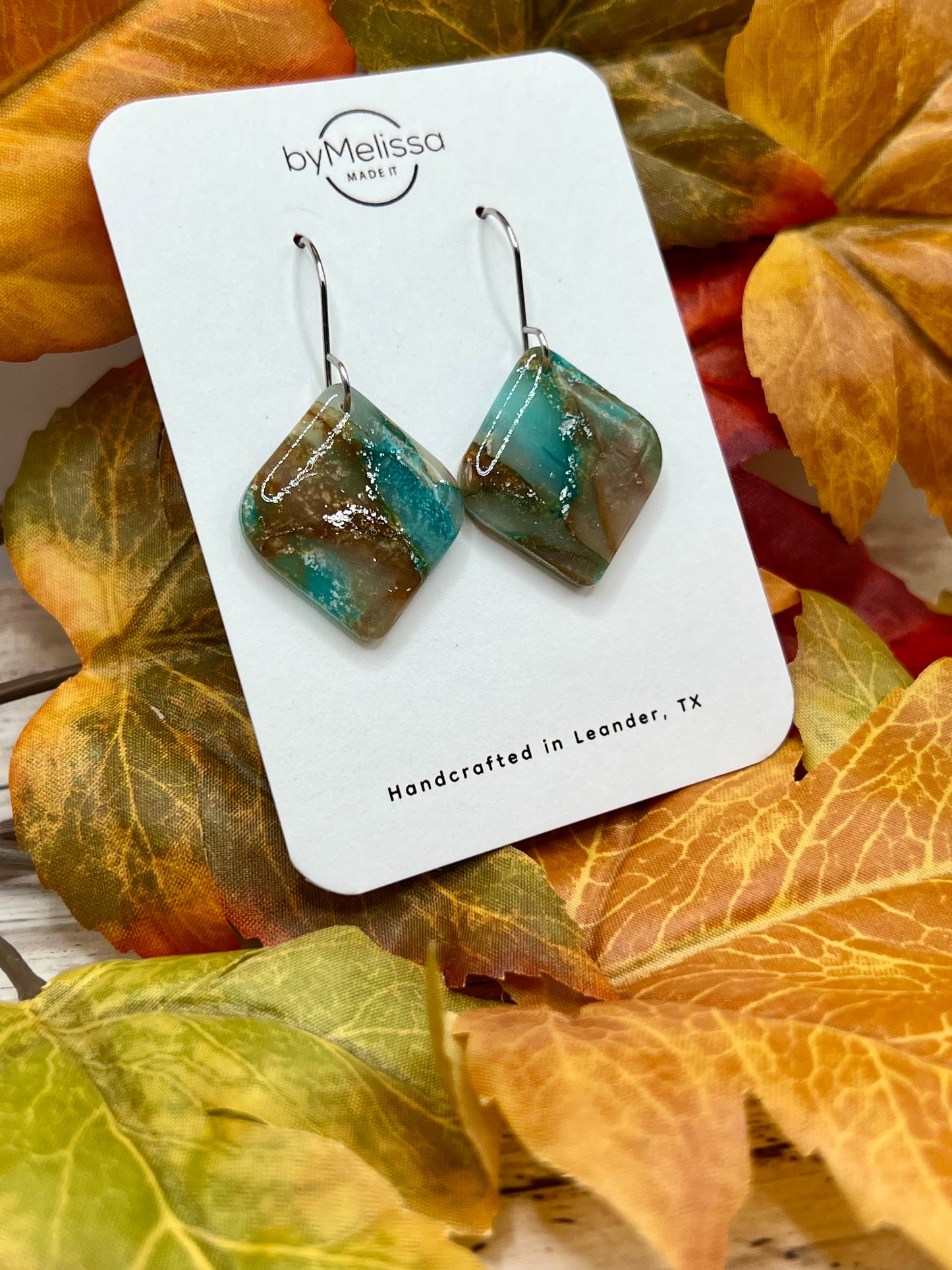 Mocha and Teal Rounded Square Drop Earrings in Silver