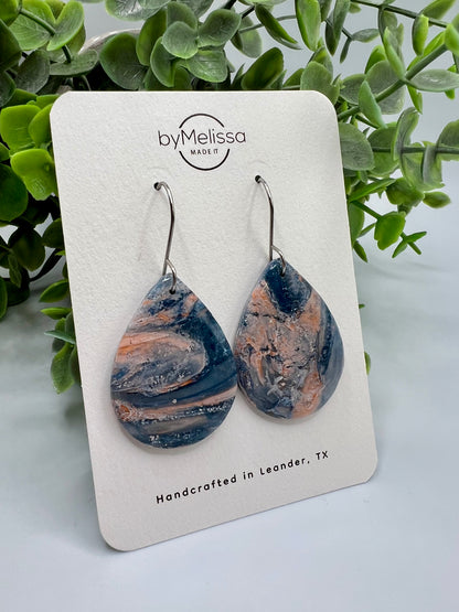 Navy and Peach Small Wide Teardrop Drop Earrings in Silver