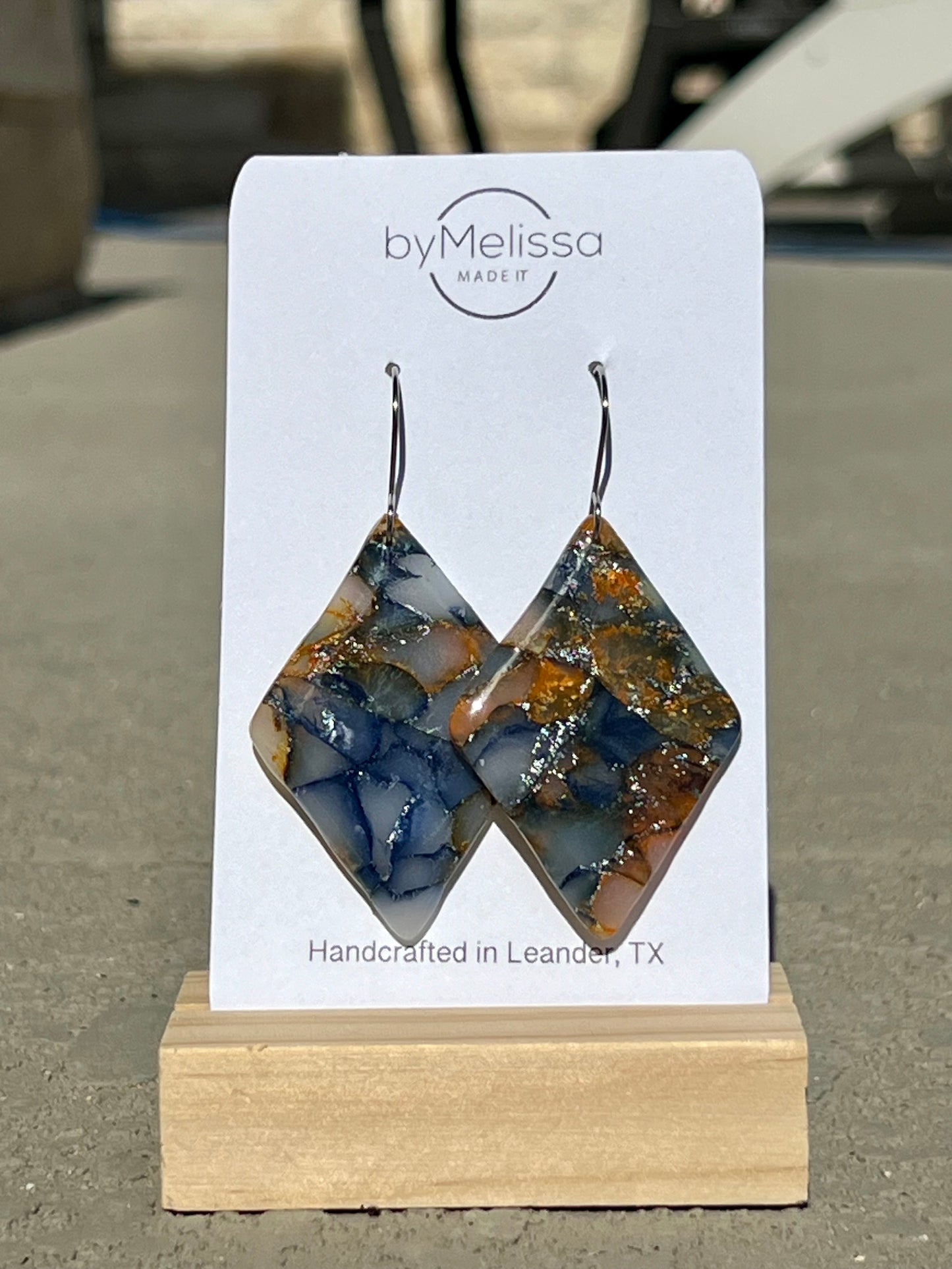 Navy and Orange Large Diamond Earrings in Silver