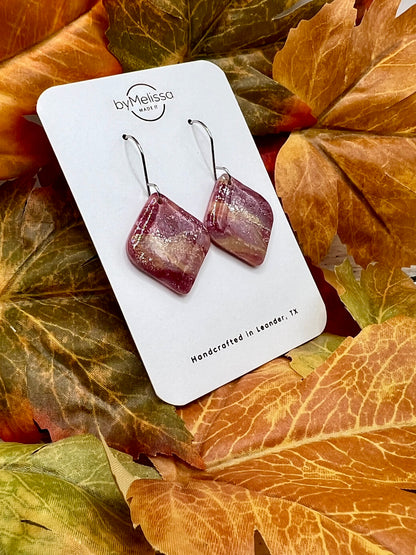 Maroon and Mustard Small Rounded Square Drop Earrings in Silver