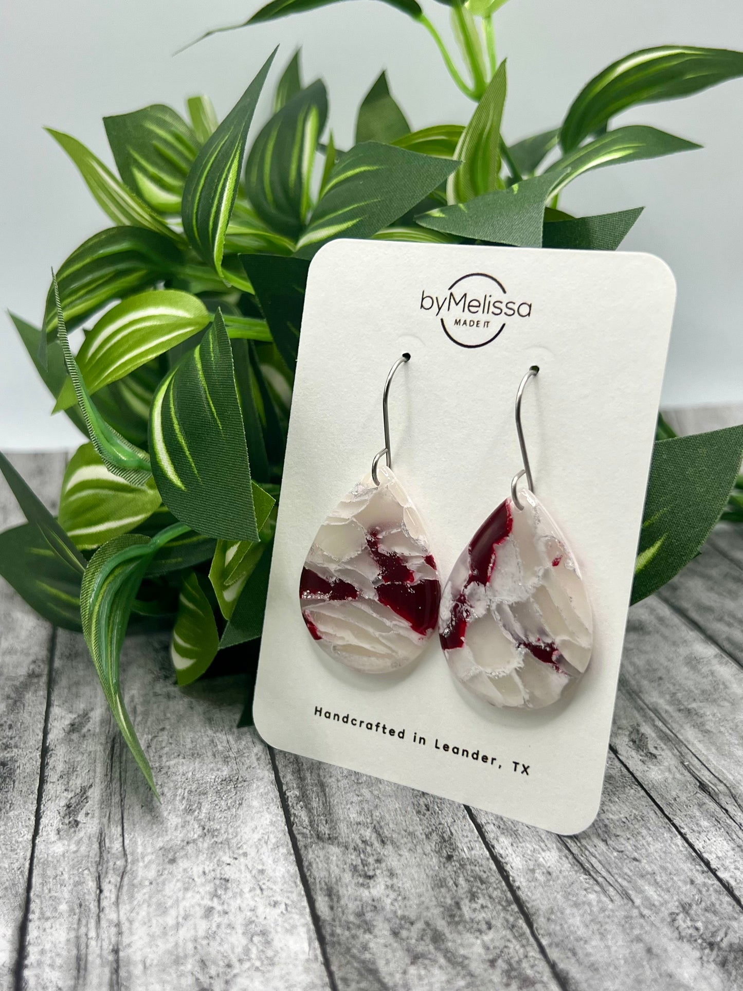 Maroon and White Small Wide Teardrop Drop Earrings in Silver