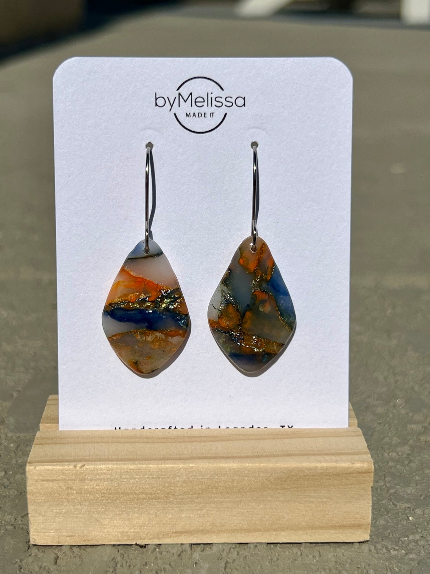 Navy and Orange Small Kite Drop Earrings in Silver