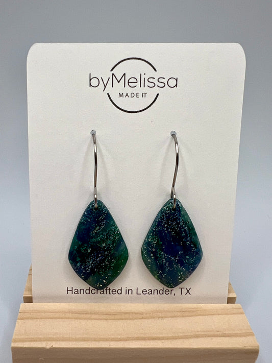 Forest Green and Blue Small Kite Drop Earrings in Silver