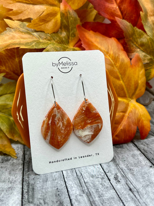 Orange and White Small Wide Leaf Drop Earrings in Silver