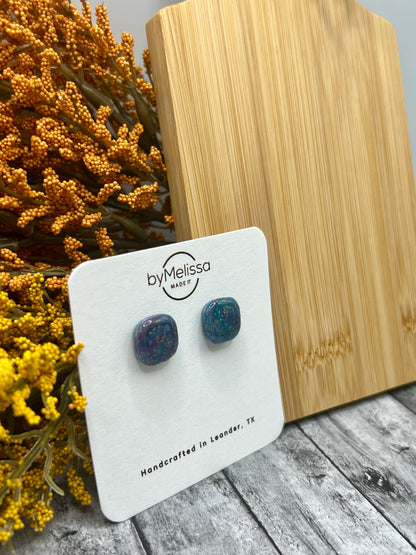 Teal and Plum Small Embedded Square Stud Earrings