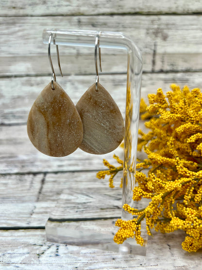 Mocha and Almond Small Wide Teardrop Drop Earrings in Silver