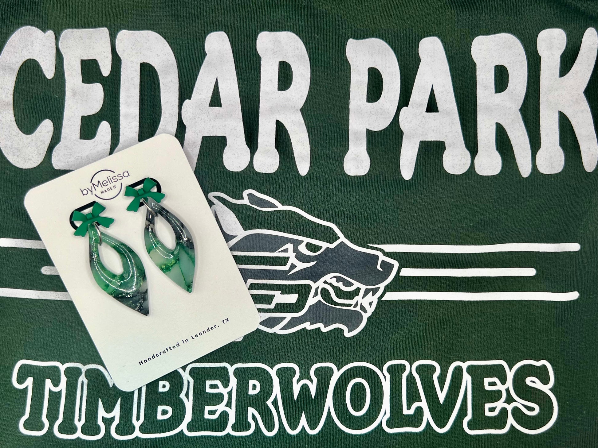 Cedar Park High School earrings, green and black CPHS spirit jewelry, Timberwolves game day accessory