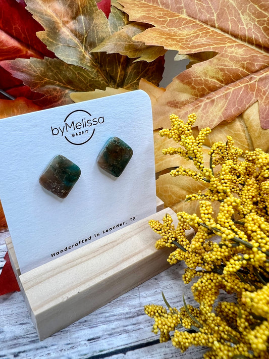 Mocha and Teal Rounded Square Stud Earrings