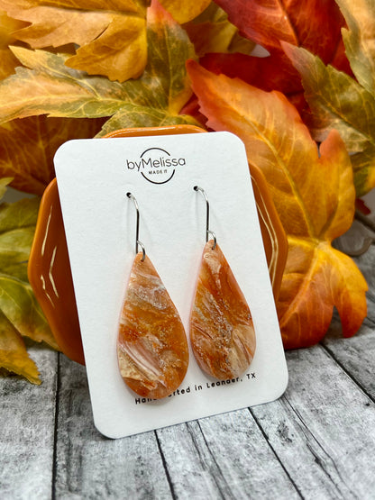 Orange and White Small Teardrop Drop Earrings in Silver