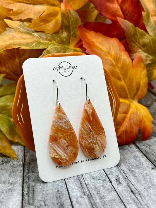 Orange and White Small Teardrop Drop Earrings in Silver
