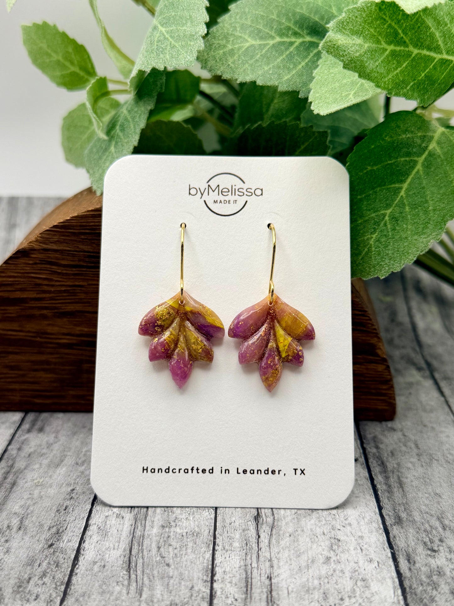 Purple and Gold Feather Drop Earrings in Gold