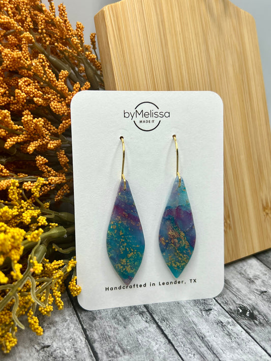 Teal and Plum Small Elongated Kite Drop Earrings in Gold