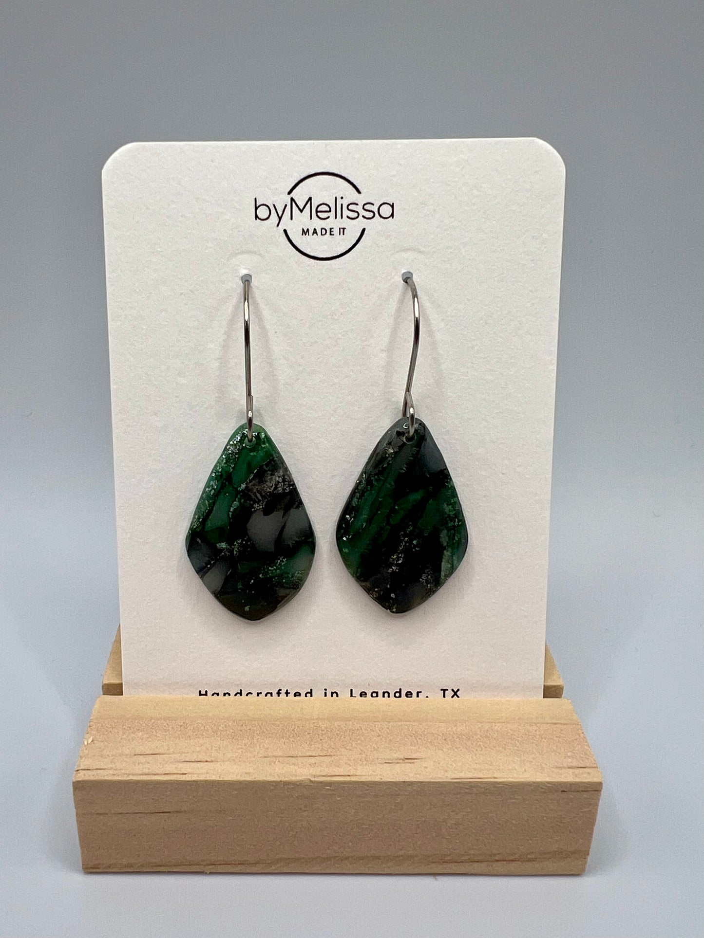 Forest Green and Black Small Kite Drop Earrings in Silver