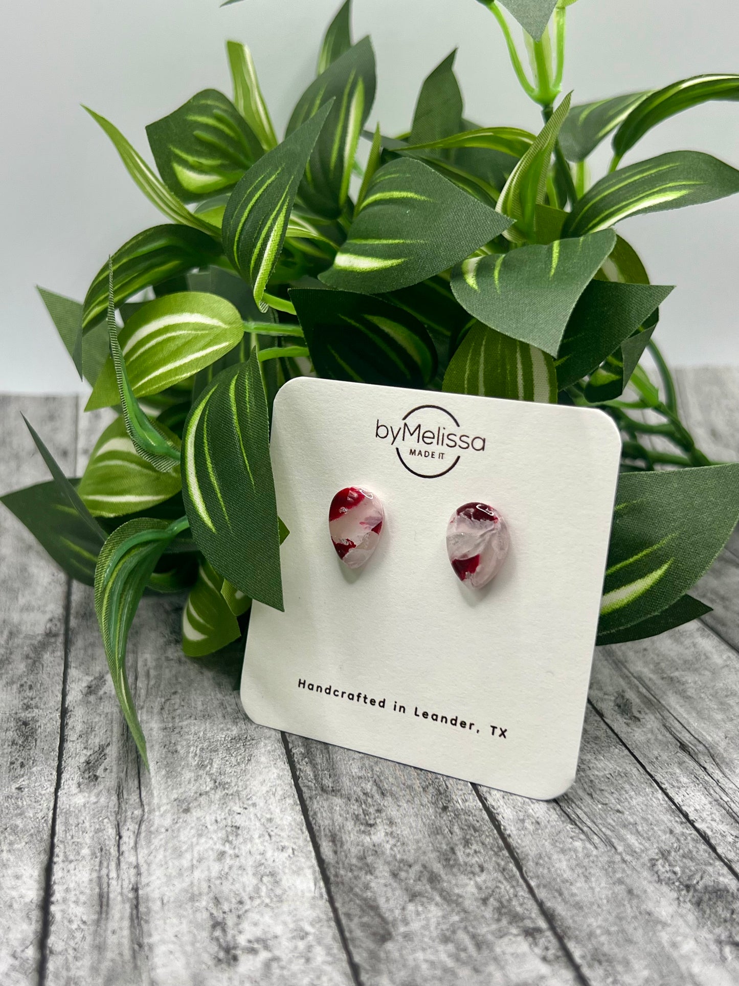 Maroon and White Teardrop Stud Earrings