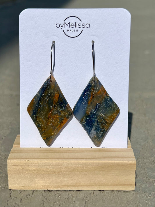 Navy and Orange Small Diamond Earrings in Silver