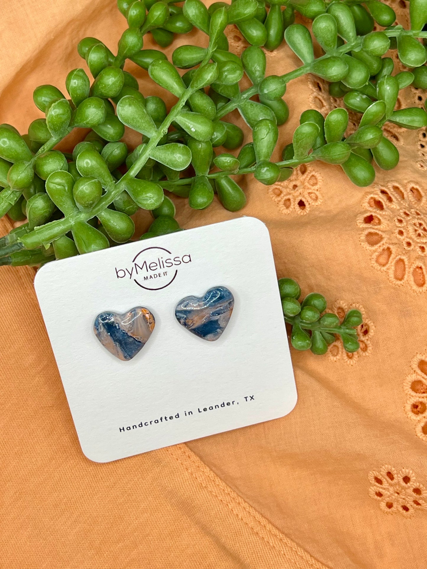 Navy and Peach Heart Stud Earrings