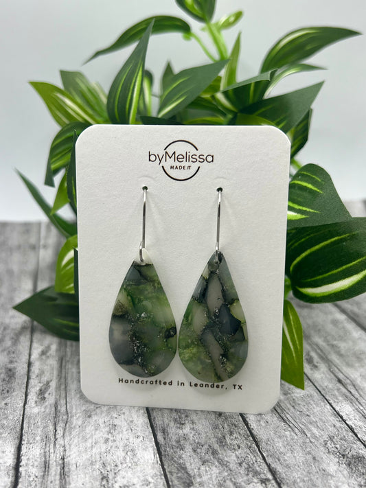 Army Green and Black Small Teardrop Drop Earrings in Silver
