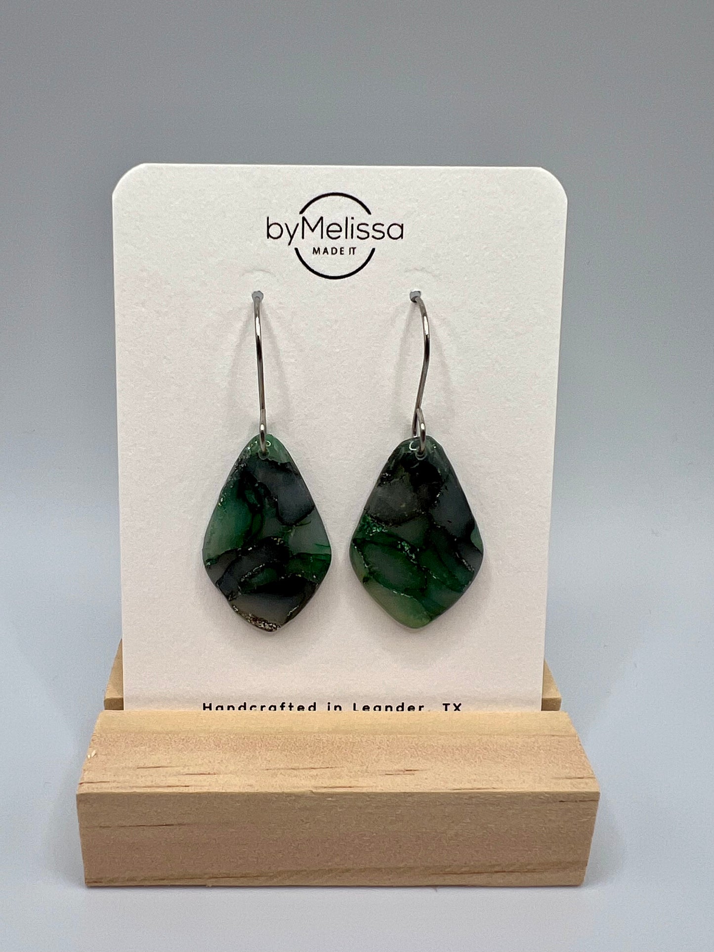 Forest Green and Black Small Kite Drop Earrings in Silver