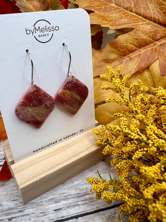 Maroon and Mustard Small Rounded Square Drop Earrings in Silver