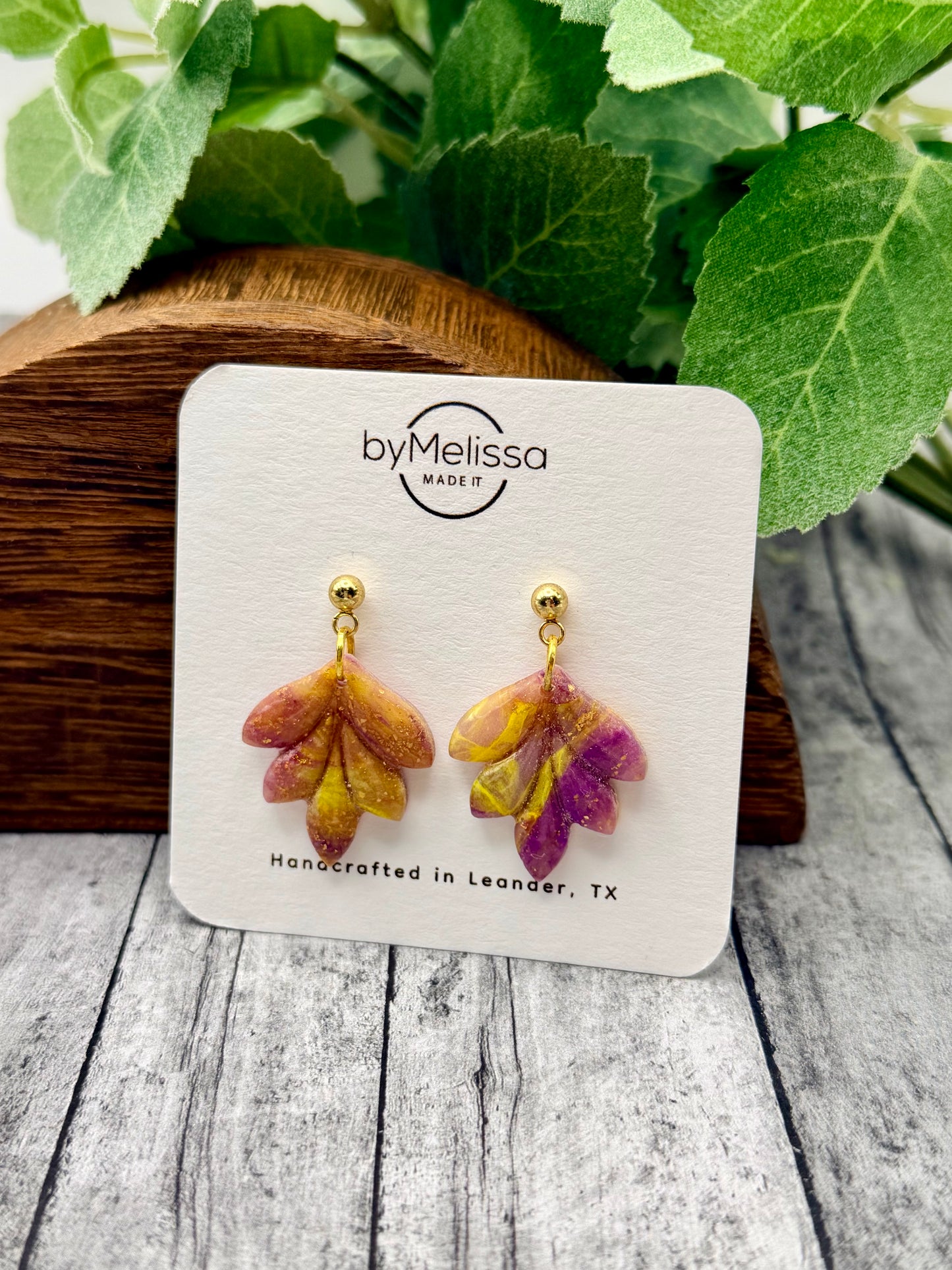 Purple and Gold Feather Drop with Gold Ball Studs