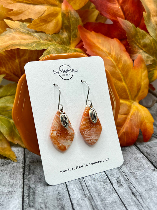 Orange and White Small Kite Drop Earrings with Football Charm in Silver