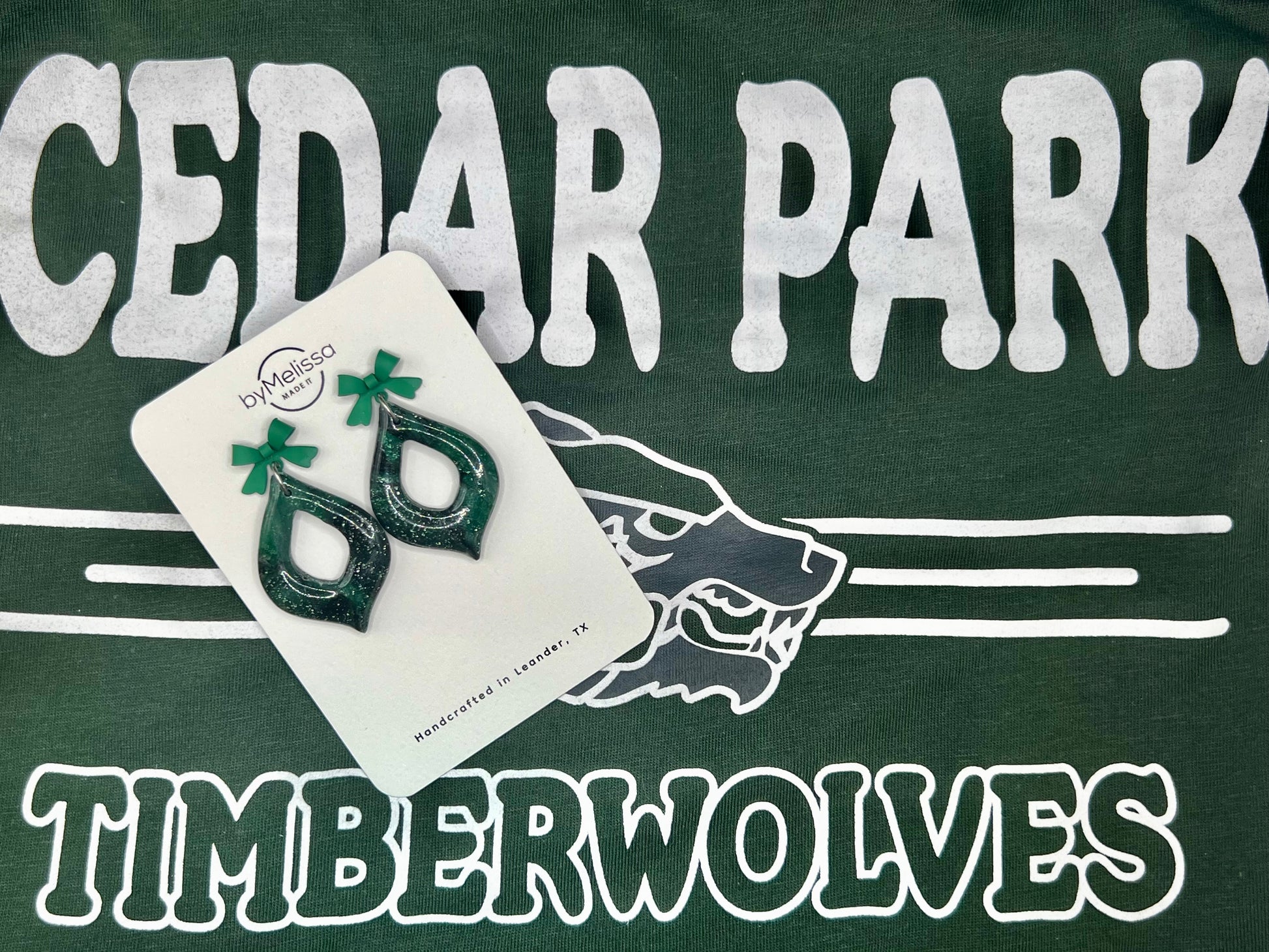 Cedar Park High School earrings, green and black CPHS spirit jewelry, Timberwolves game day accessory