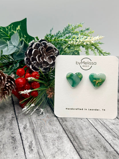 Green and Gold Heart Stud Earrings