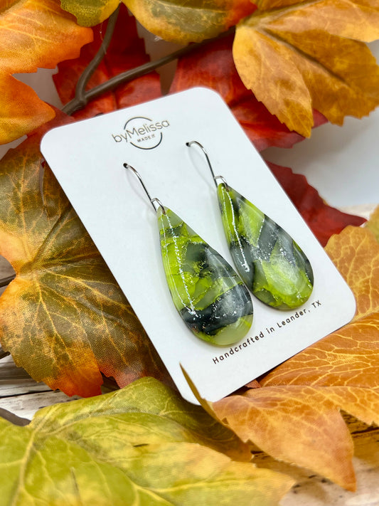 Citrus Green and Black Small Teardrop Drop Earrings in Silver