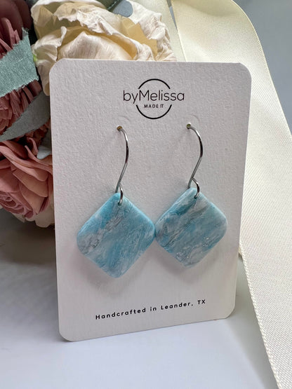 Crystal Blue and White Small Rounded Square Drop Earrings in Silver