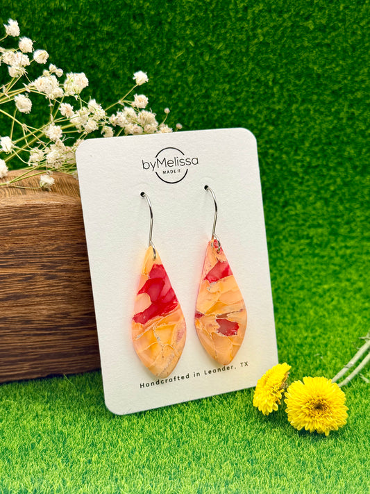 Red and Orange Small Elongated Kite Drop Earrings in Silver
