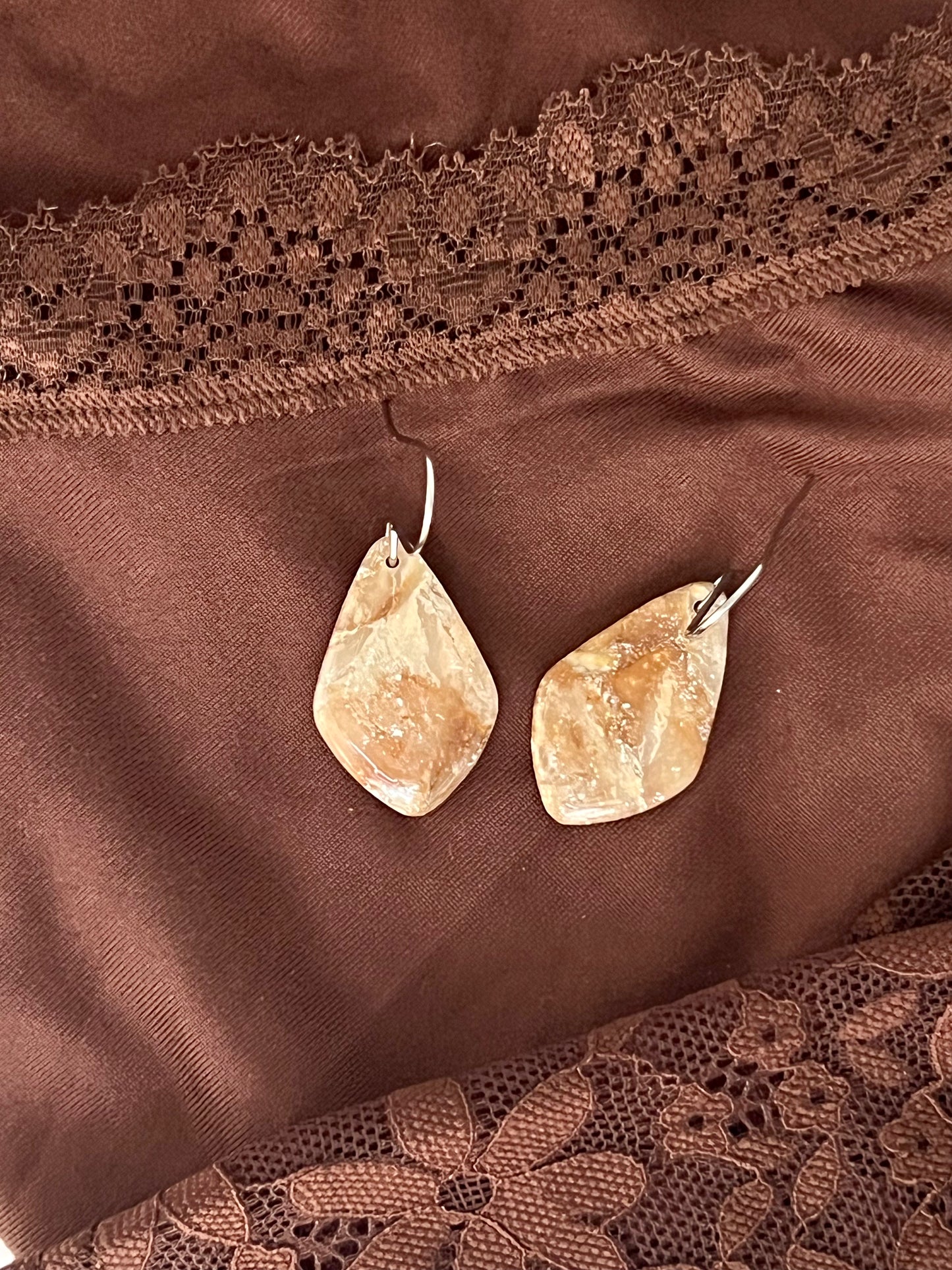 Mocha and Almond Small Kite Drop Earrings in Silver