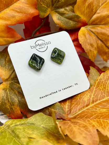 Citrus Green and Black Rounded Square Stud Earrings