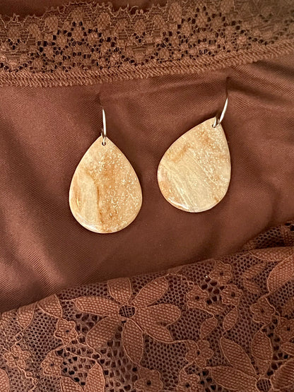Mocha and Almond Small Wide Teardrop Drop Earrings in Silver