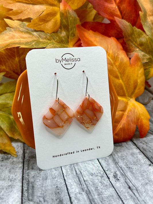 Orange and White Small Rounded Square Drop Earrings in Silver
