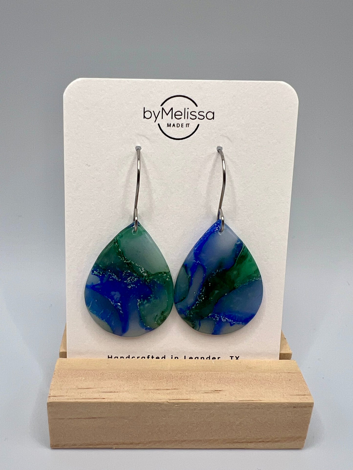 Forest Green and Blue Small Wide Teardrop Drop Earrings in Silver