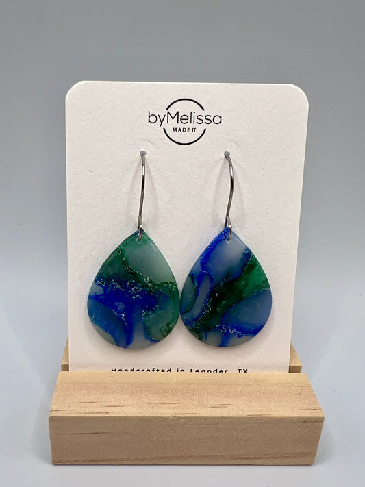 Forest Green and Blue Small Wide Teardrop Drop Earrings in Silver