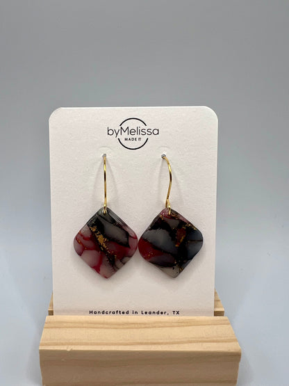 Maroon and Black Rounded Square Drop Earrings in Gold