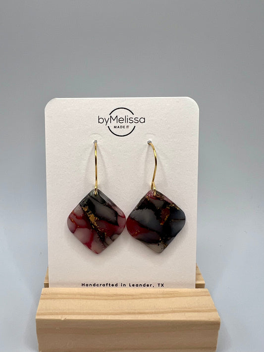 Maroon and Black Rounded Square Drop Earrings in Gold