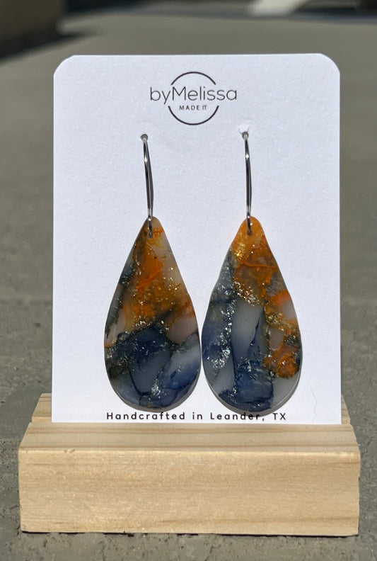 Navy and Orange Small Teardrop Drop Earrings in Silver