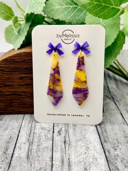Purple and Gold Skinny Small Elongated Kite Drop Earrings with Purple Bows