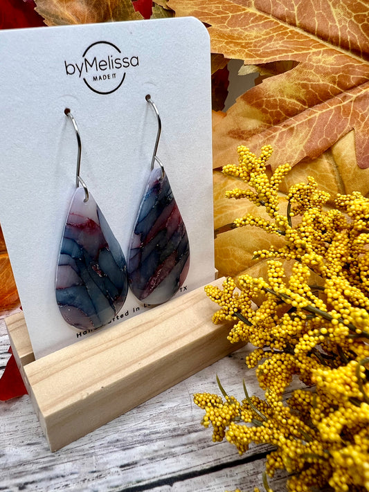 Navy and Maroon Small Teardrop Drop Earrings in Silver