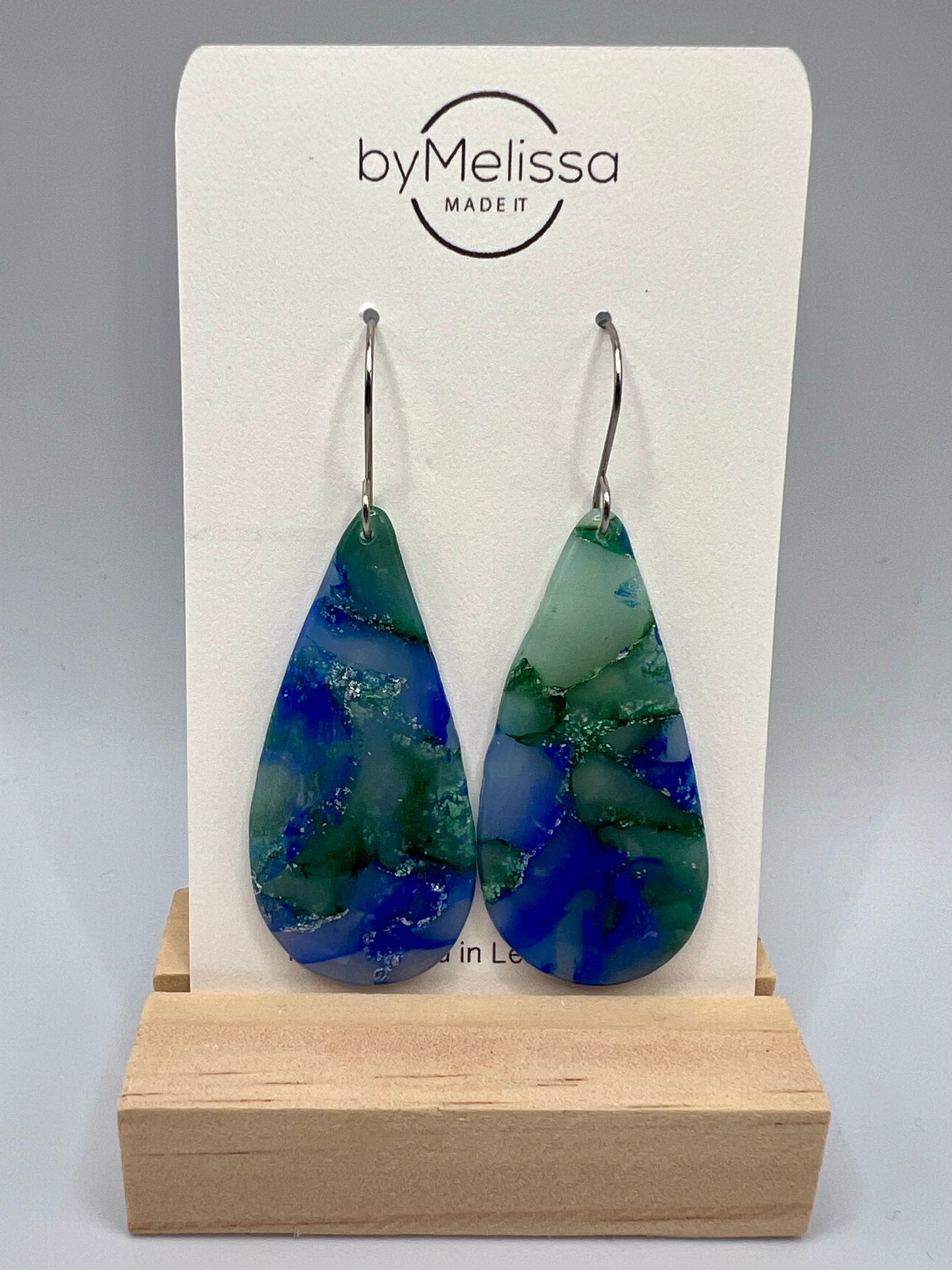 Forest Green and Blue Large Teardrop Drop Earrings in Silver