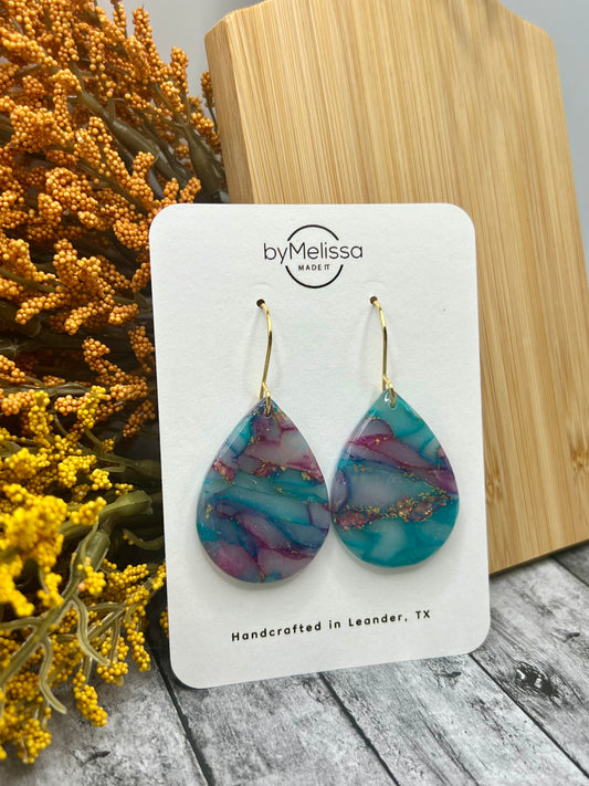 Teal and Plum Small Wide Teardrop Drop Earrings in Gold