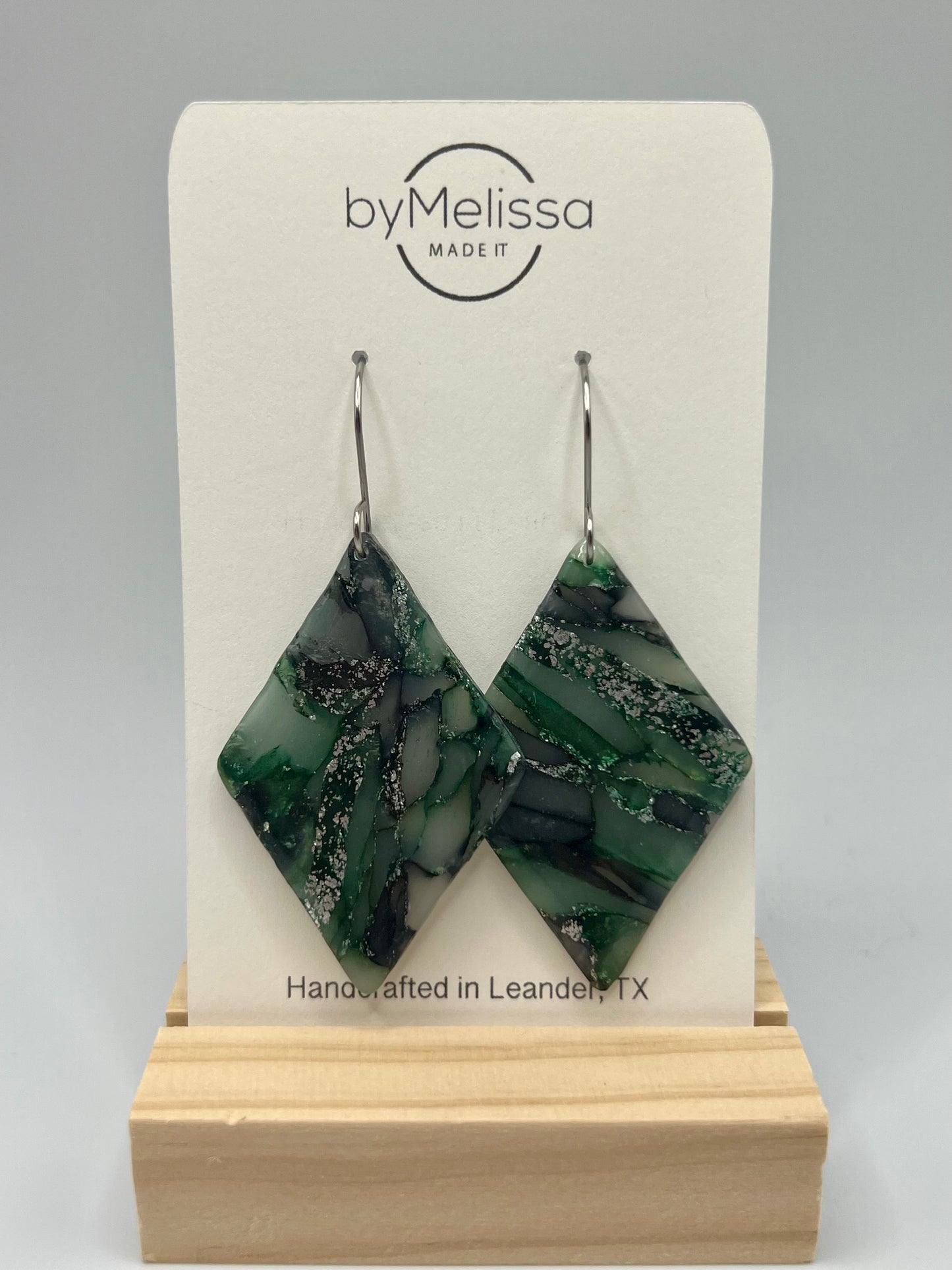 Forest Green and Black Large Diamond Drop Earrings in Silver